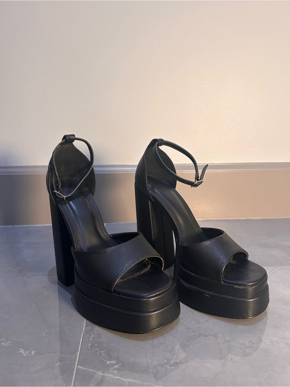 Women's Black Platform Ankle-Strap Heels
